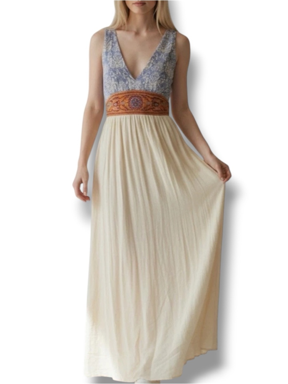 Flying Tomato EUC Paisley Embroidered Empire Waist Crinkle Maxi Dress | Medium